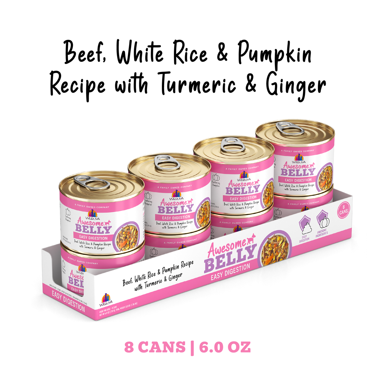 Four cans of Awesome Functions Awesome Belly Beef, White Rice & Pumpkin Recipe with Turmeric & Ginger are shown in a pink and white 8-can pack (6.0 oz each), highlighting smooth digestion for sensitive stomachs.