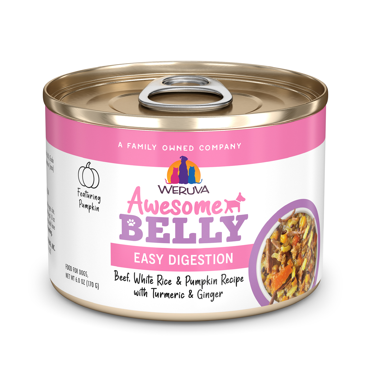 A can of Awesome Functions' Awesome Belly Beef, White Rice & Pumpkin Recipe with Turmeric & Ginger supports smooth digestion, featuring grass-fed beef and more. The pink and white label notes easy digestion for sensitive stomachs and shows the food.
