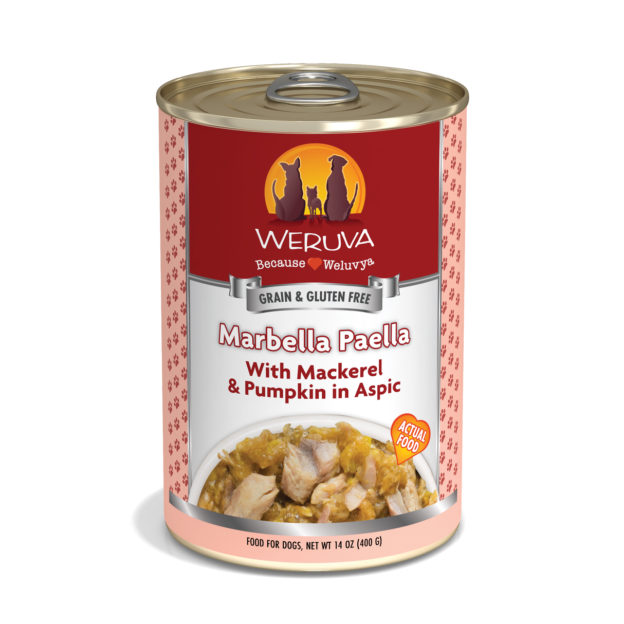 A can of Weruva Marbella Paella dog food, mackerel with pumpkin in aspic, features a pink and gold label with images of dogs and a bowl of seafood dog food on the front.