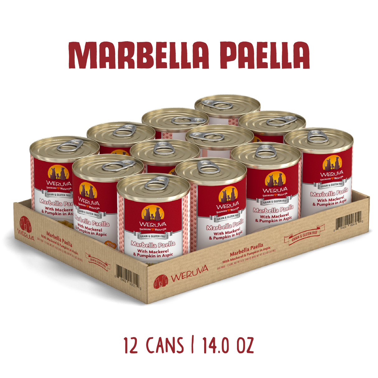 A cardboard tray holds twelve cans of Weruva Marbella Paella cat food, each with a red label. Text above reads "Marbella Paella" and below "12 cans | 14.0 oz." Suitable for seafood-loving cats.