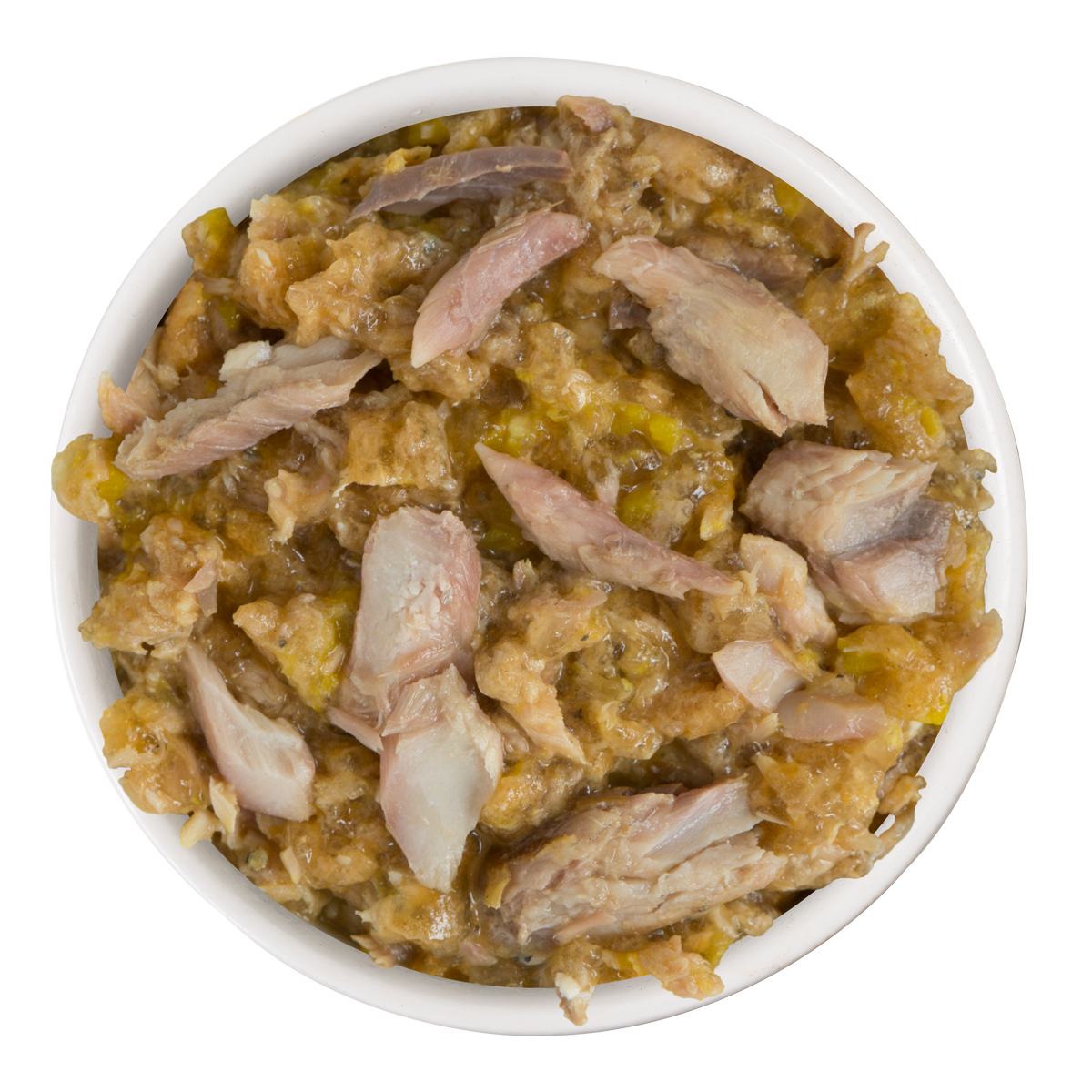 A white bowl filled with shredded Marbella Paella by Weruva, featuring meat in a moist, brownish sauce—viewed from above on a white background.