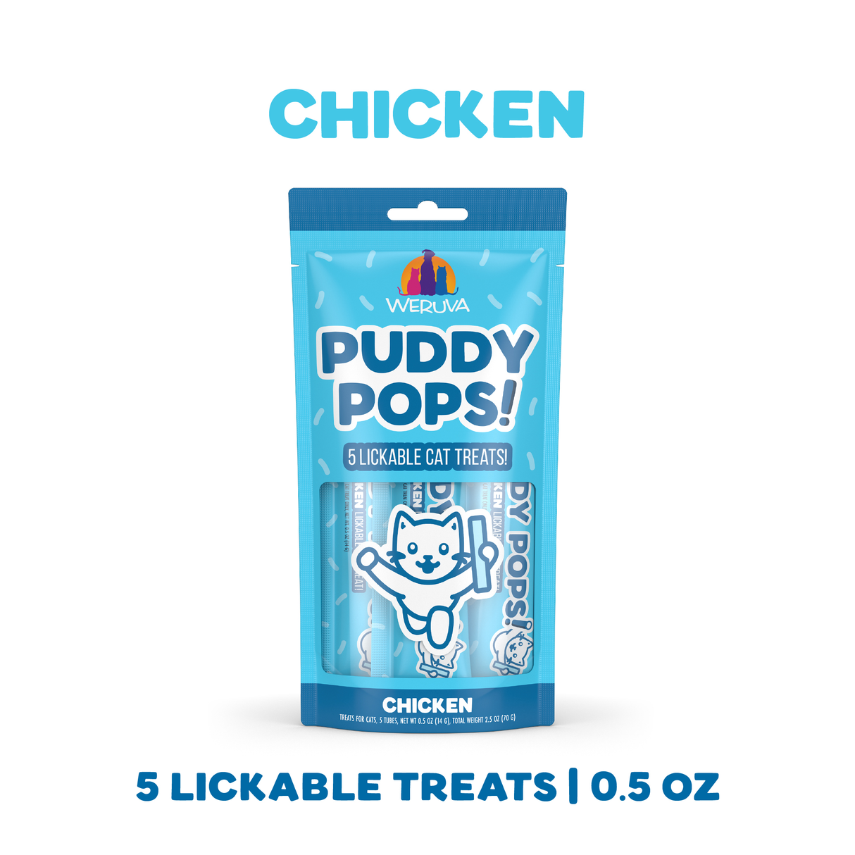A blue bag of Weruva Lickable Chicken Cat Treat features an illustrated happy cat and is labeled 5 lickable treats | 0.5 oz.