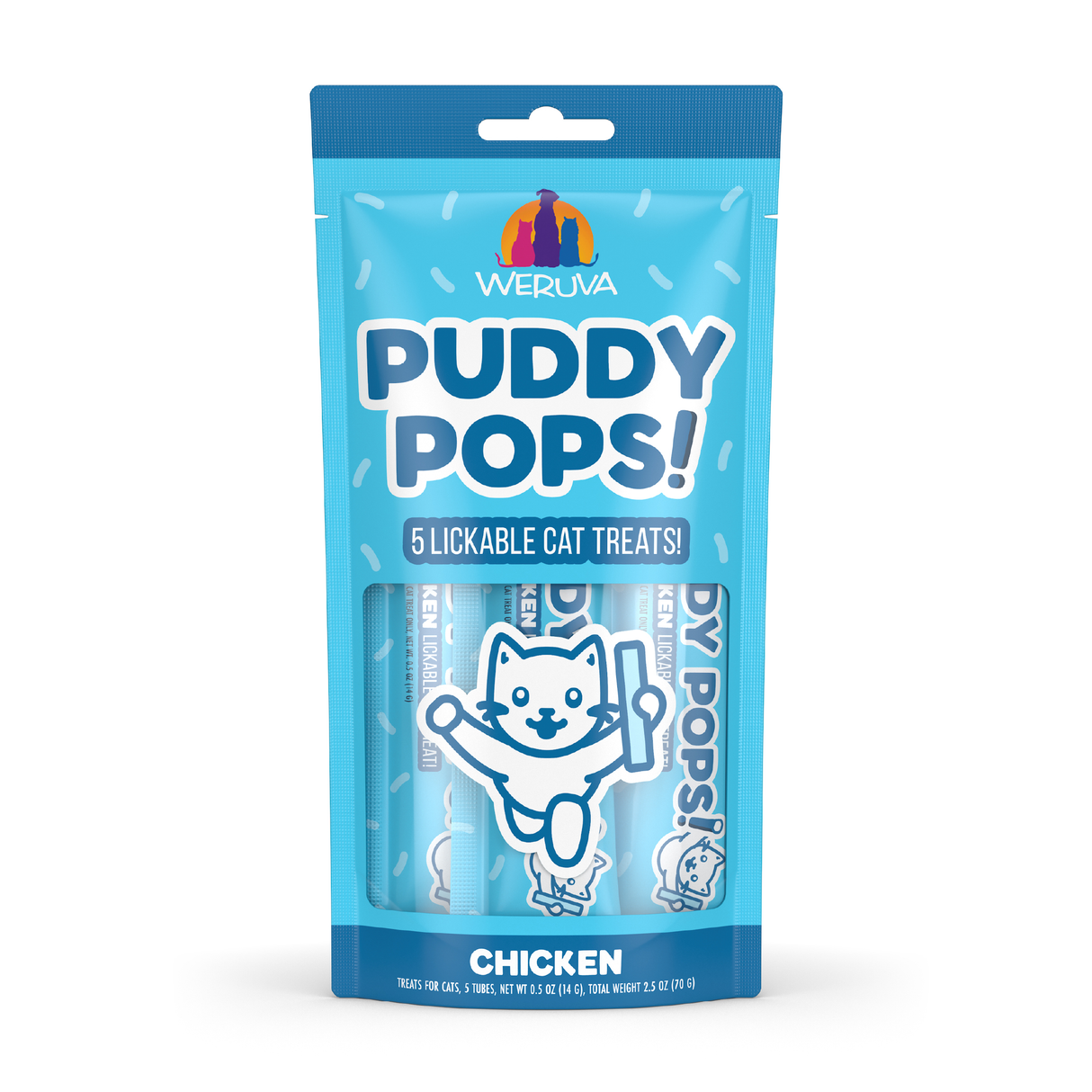 A blue pouch of Weruva Lickable Chicken Cat Treat features a happy cat illustration and "5 Lickable Cat Treats!" with the chicken flavor highlighted at the bottom.