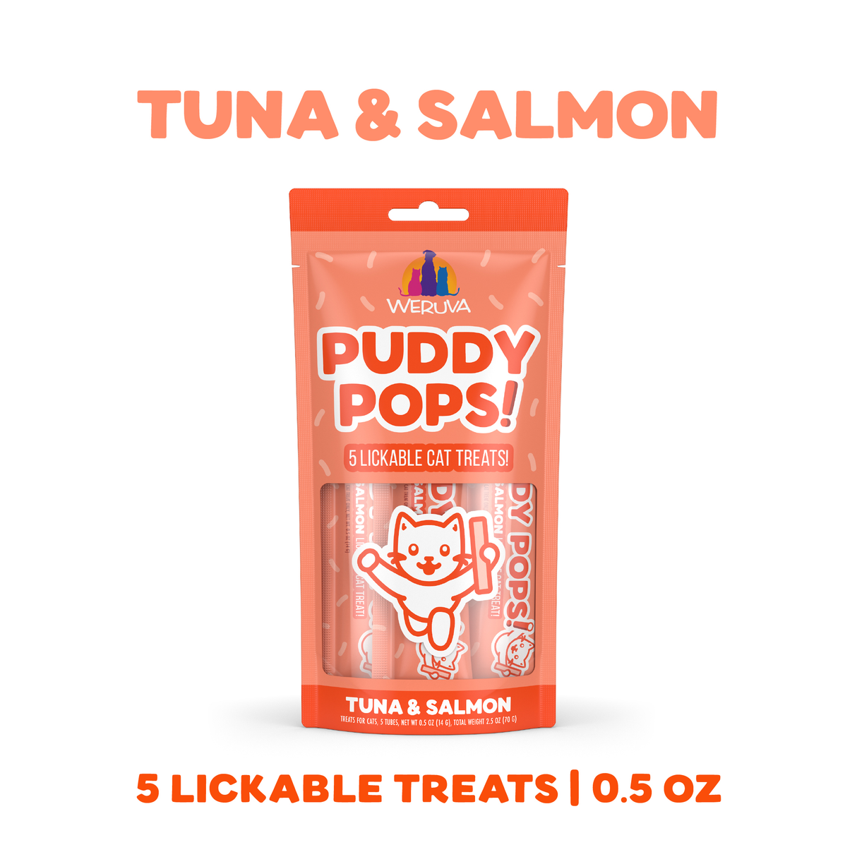 Weruva Lickable Tuna & Salmon Cat Treat comes in an orange pack with a cartoon cat. Contains 5 hydrating, lickable treats (0.5 oz) for your feline—delicious and perfect for rewarding or hydrating your cat.