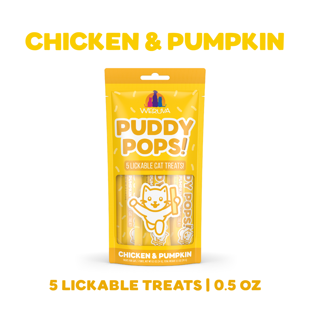 A yellow Weruva Lickable Chicken & Pumpkin Cat Treat package, featuring a smiling cat, contains five 0.5 oz hydrating treats. Bold yellow text highlights these tasty chicken and pumpkin treats for cats.
