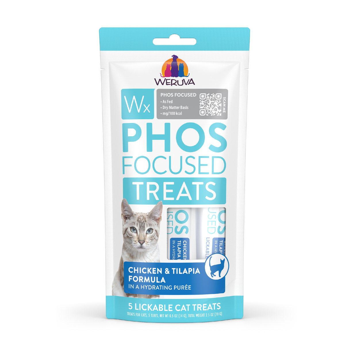 A pouch of Weruva Wx Lickable Chicken & Tilapia Cat Treats—5 hydrating purée treats for cats, low in phosphorus and high in protein, featuring blue and white packaging with a cat image.