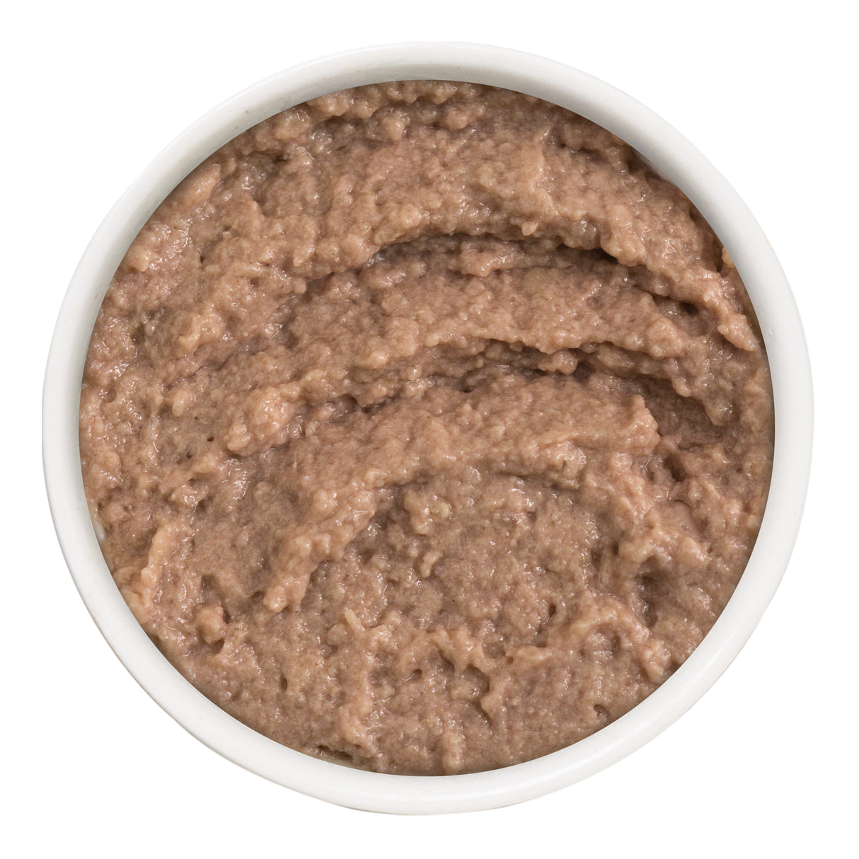 A white bowl filled with smooth, brown Weruva Chicken Breast Dinner in a Hydrating Purée cat food, viewed from above on a white background.