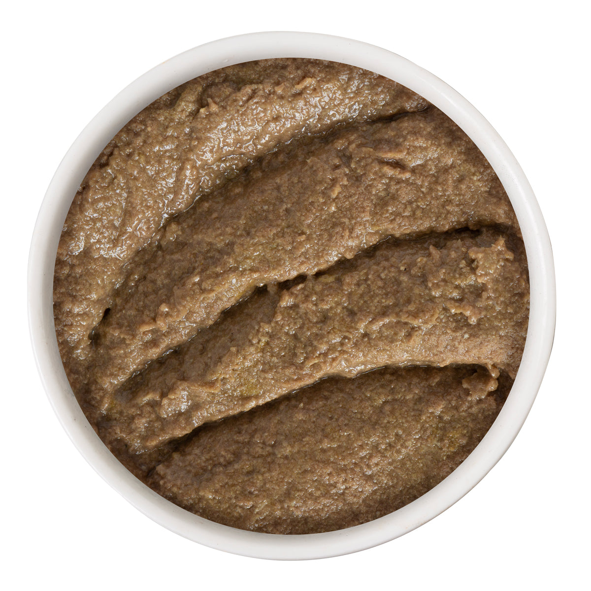 A white bowl filled with Weruva Chicken and Salmon Dinner in a Hydrating Purée, viewed from above. The smooth surface of the cage-free chicken pâté features textured, sweeping lines.