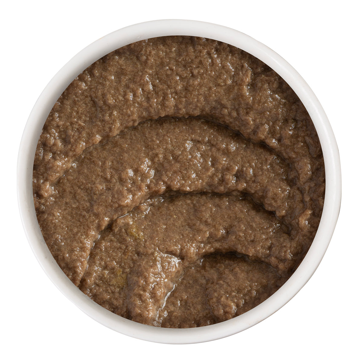 A white bowl holds Weruva Tuna and Salmon Dinner in a Hydrating Purée, featuring smooth brown cat food with visible swirl marks on the surface.