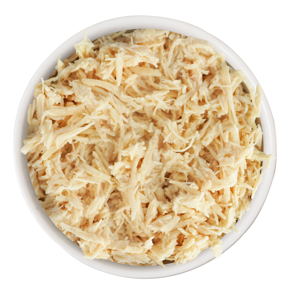 A bowl of Weruva Chicken Breast Dinner in Gravy, featuring shredded cage-free chicken, seen from above on a white background—a perfect cat meal.