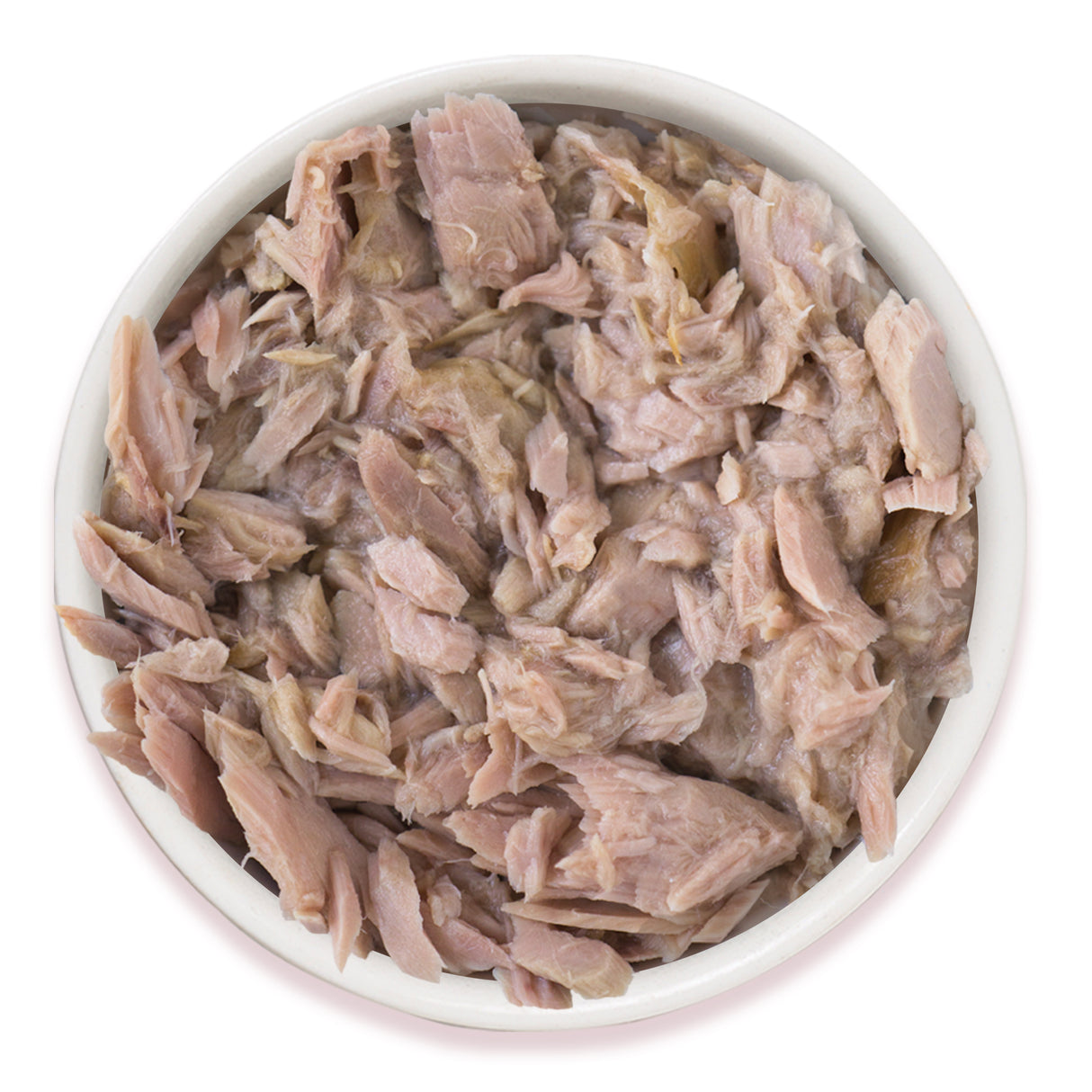 A white bowl filled with Weruva's Tuna Dinner in Gravy, viewed from above on a white background—an irresistible meal for cats.