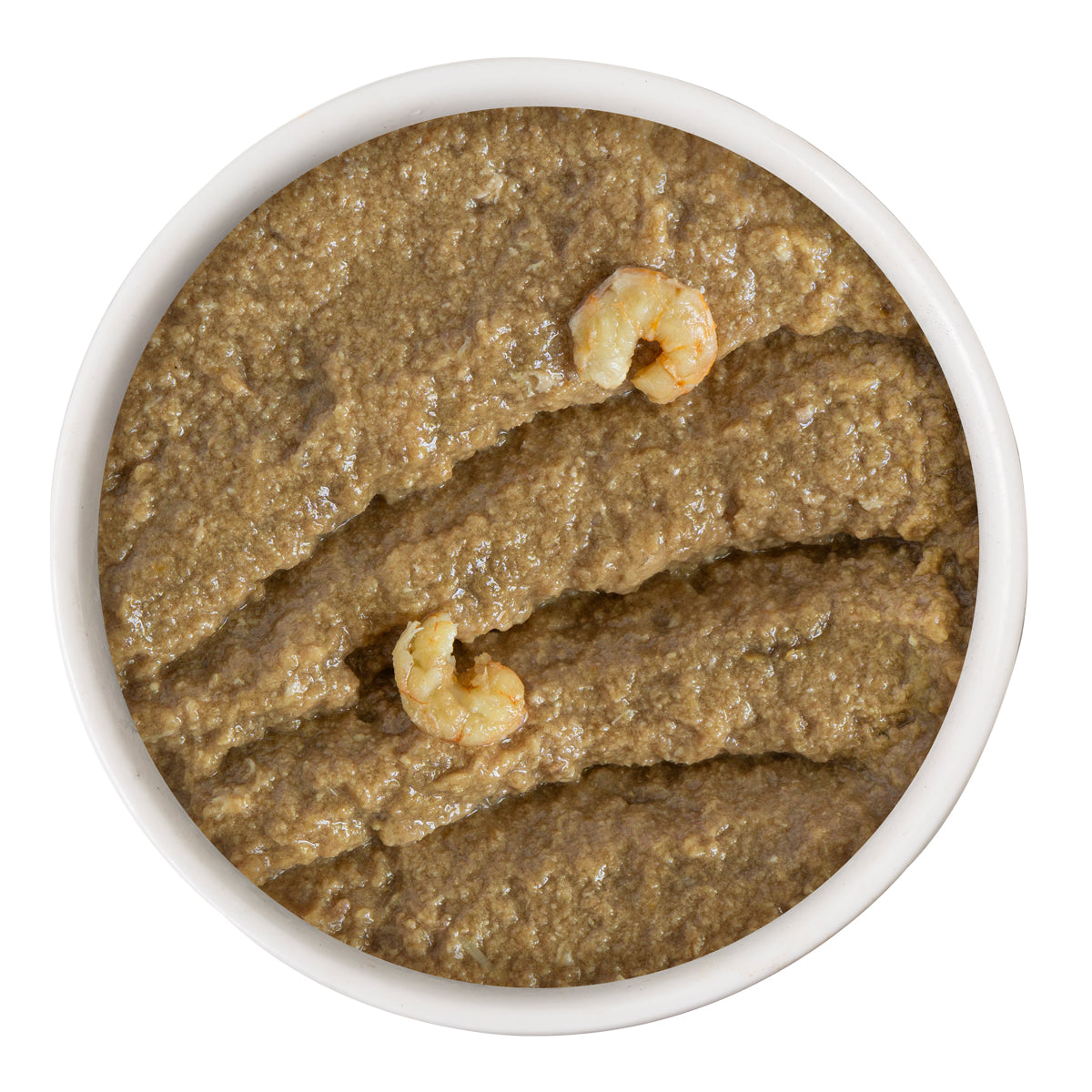 A white bowl of Cattyshack by Cats in the Kitchen is filled with a smooth, brown shrimp paté, topped with two small cooked shrimp. The bowl is shown from above on a white background.