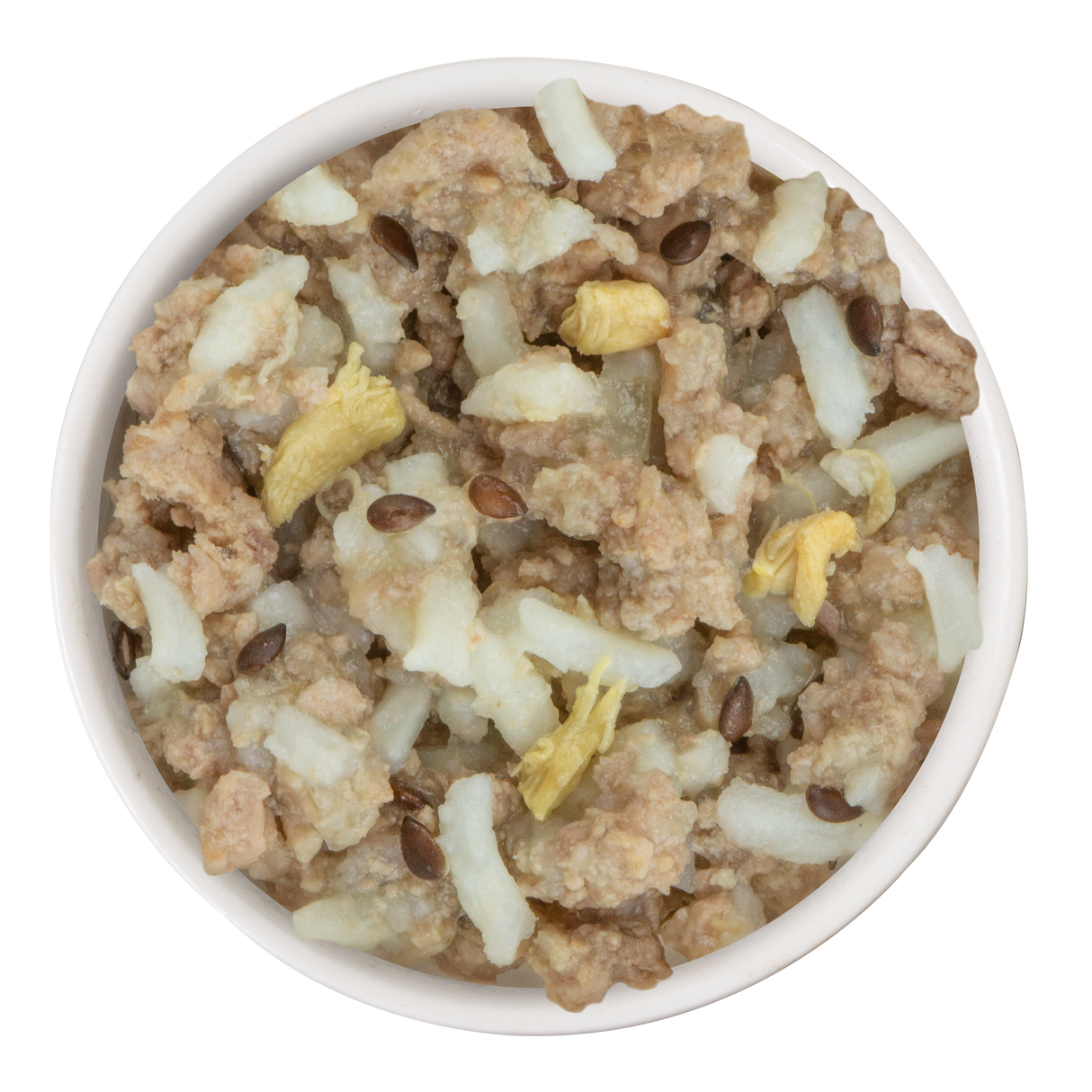 A bowl of Weruva Duck and Rice Dinner—chunky ground duck, rice, veggies, and flax seeds—makes an indulgent, wholesome meal for your dog.