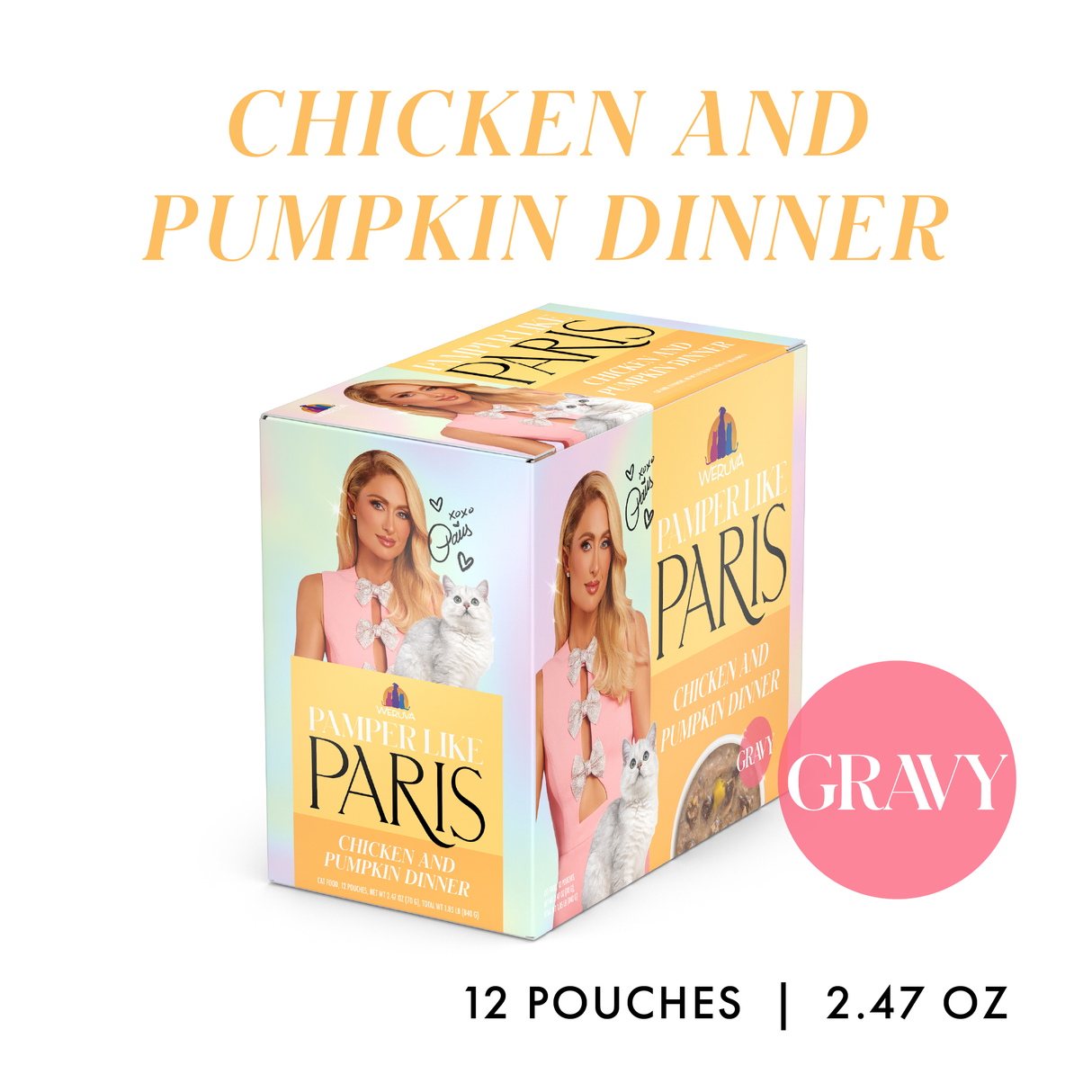 A 12-pack box of Weruva Chicken and Pumpkin Dinner in Gravy cat food, featuring a woman holding a white cat. Each pouch is 2.47 oz, with "GRAVY" highlighted in a pink circle on the box.