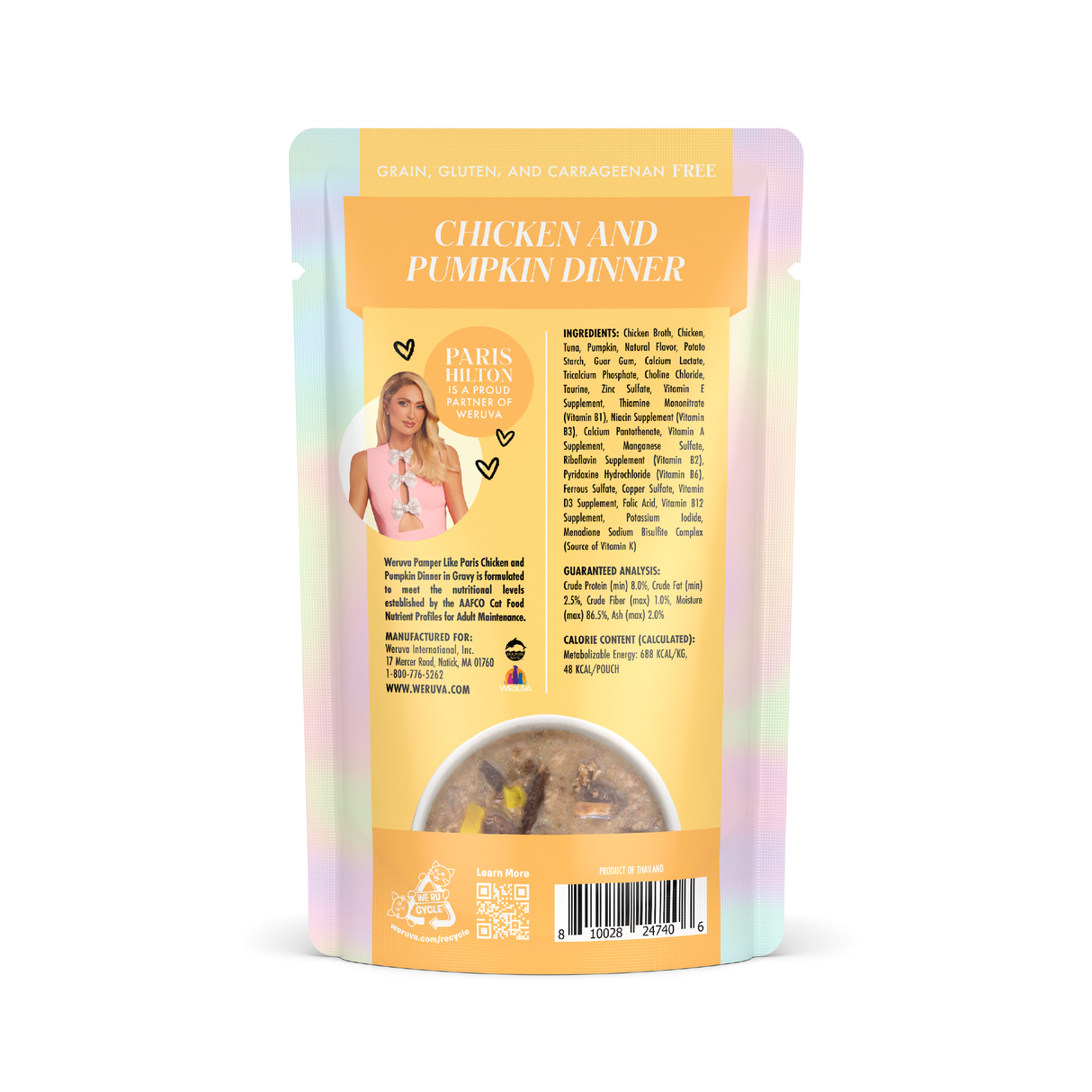 Back of pastel packaging for Weruva Chicken and Pumpkin Dinner in Gravy pet food, showing ingredients, cage-free chicken label, branding, barcode, a photo of Paris Hilton, and a small window revealing the pumpkin cat food inside.
