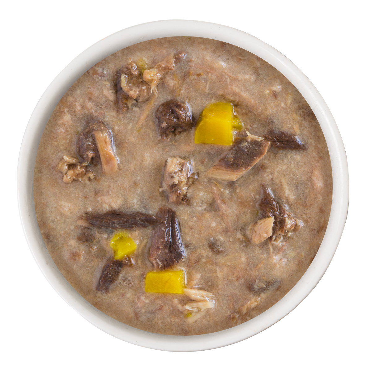 A bowl of Weruva Chicken and Pumpkin Dinner in Gravy cat food, with chunky pieces of meat and pumpkin in a grayish gravy, viewed from above.