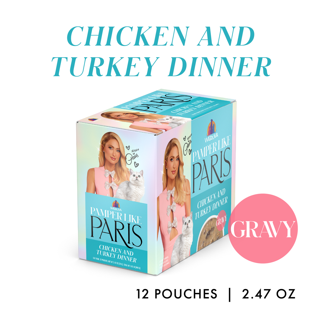 A box of Weruva Chicken and Turkey Dinner in Gravy cat food features a blonde woman in pink holding a pampered cat. Includes 12 pouches (2.47 oz each) with cage-free chicken and turkey, and gravy highlighted in a pink circle.