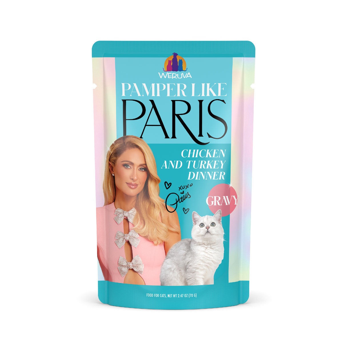 Weruva Chicken and Turkey Dinner in Gravy pouch features a woman with long blonde hair and a gray and white cat, highlighting cage-free ingredients—ideal for pampered cats.