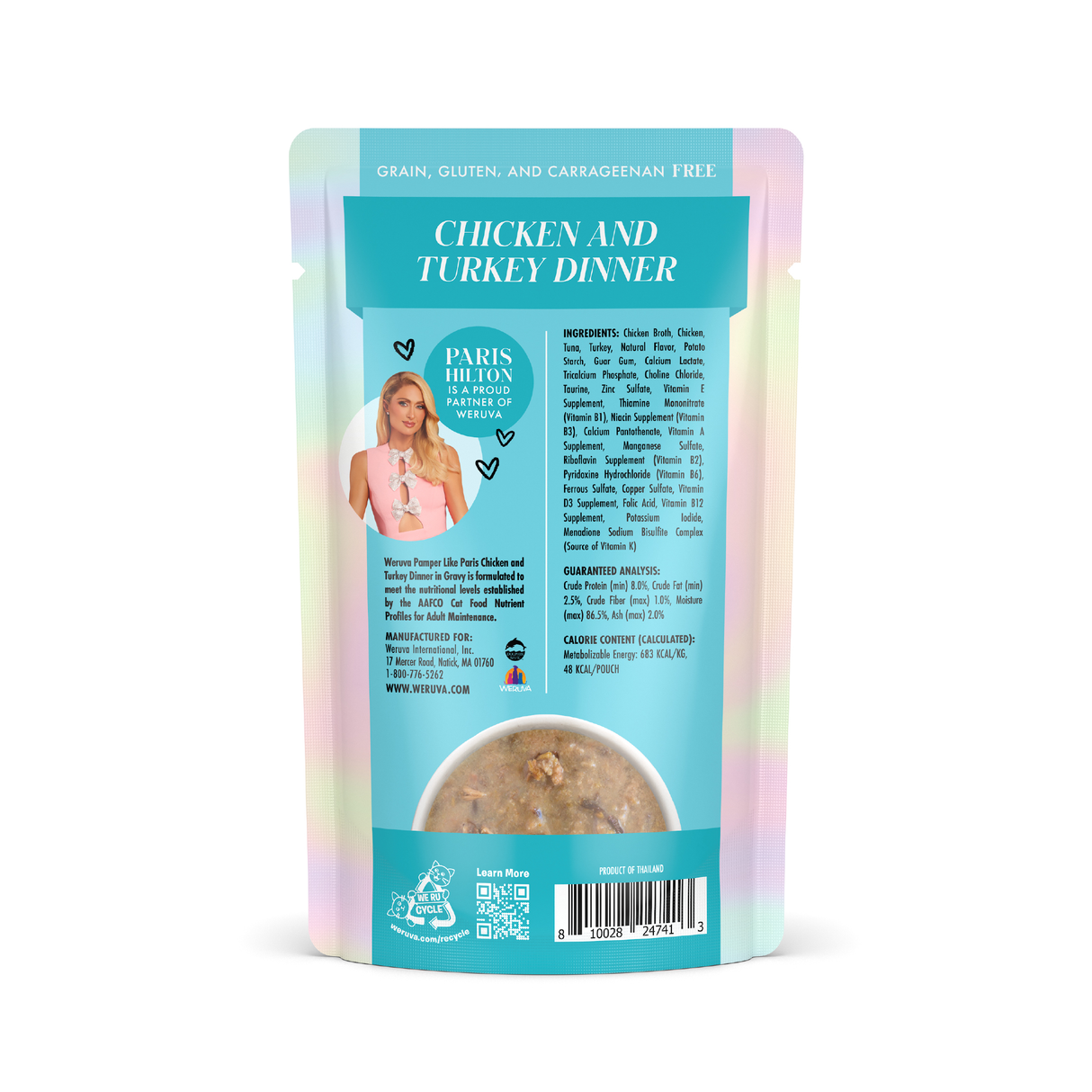 Back of a pastel Weruva Chicken and Turkey Dinner in Gravy pouch, featuring a photo of a blonde woman, ingredient list with cage-free chicken and turkey, feeding instructions, and a clear window showing the pampered cat food inside.