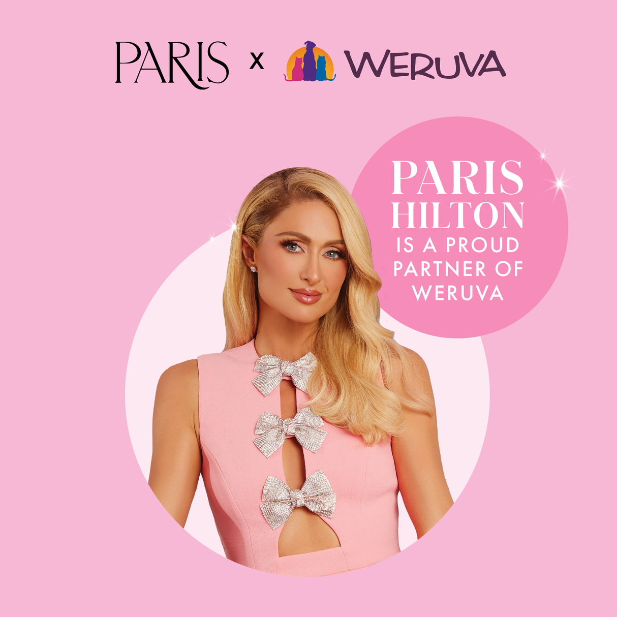 Paris Hilton poses in a light pink dress with sparkly silver bows before a pink backdrop with Paris x Weruva logos, celebrating her partnership with Weruva and their Chicken and Turkey Dinner in Gravy for pampered cats.