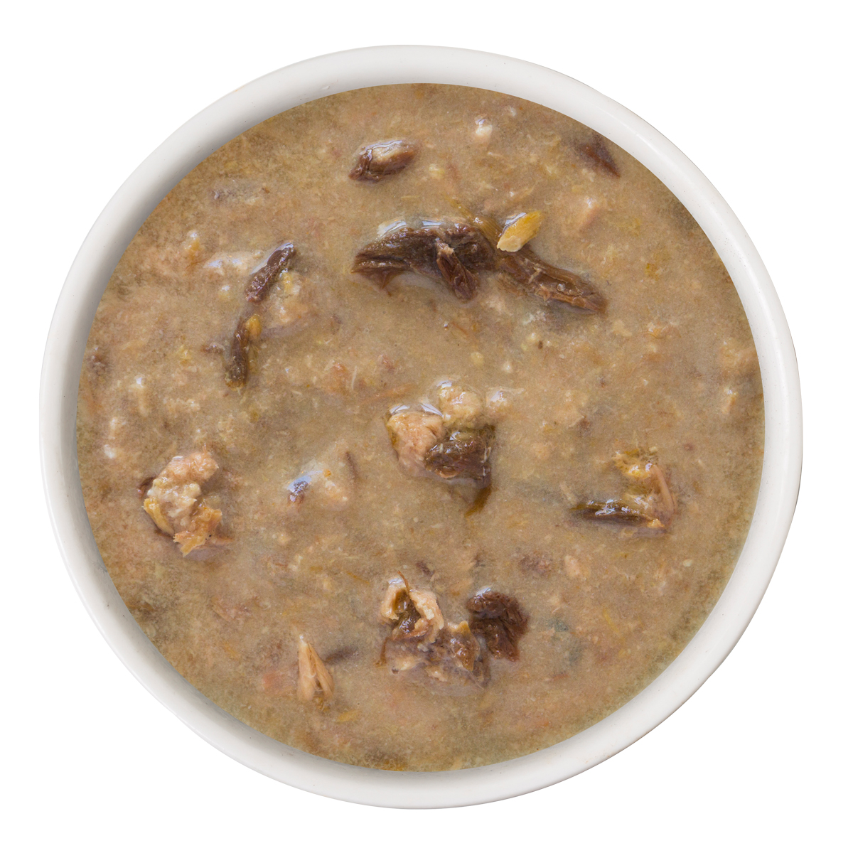 A bowl of Weruva Chicken and Turkey Dinner in Gravy, featuring cage-free turkey and chicken with visible chunks of meat and vegetables, is shown from above on a white background.