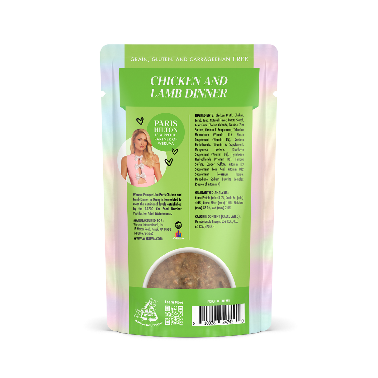 Back of a Weruva Chicken and Lamb Dinner in Gravy pouch shows cage-free chicken, ingredients, nutrition info, a photo of a blonde woman, and green, white, pastel rainbow design. A window displays the silky gravy inside.