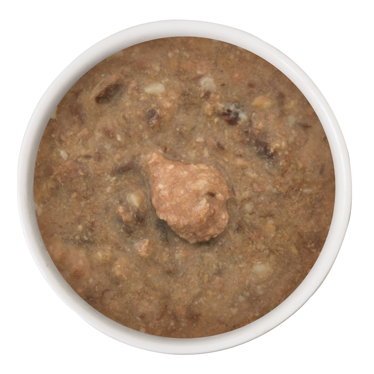 A white bowl containing Weruva Chicken and Lamb Dinner in Gravy, a hearty brown, chunky mixture for cats, viewed from above on a white background.