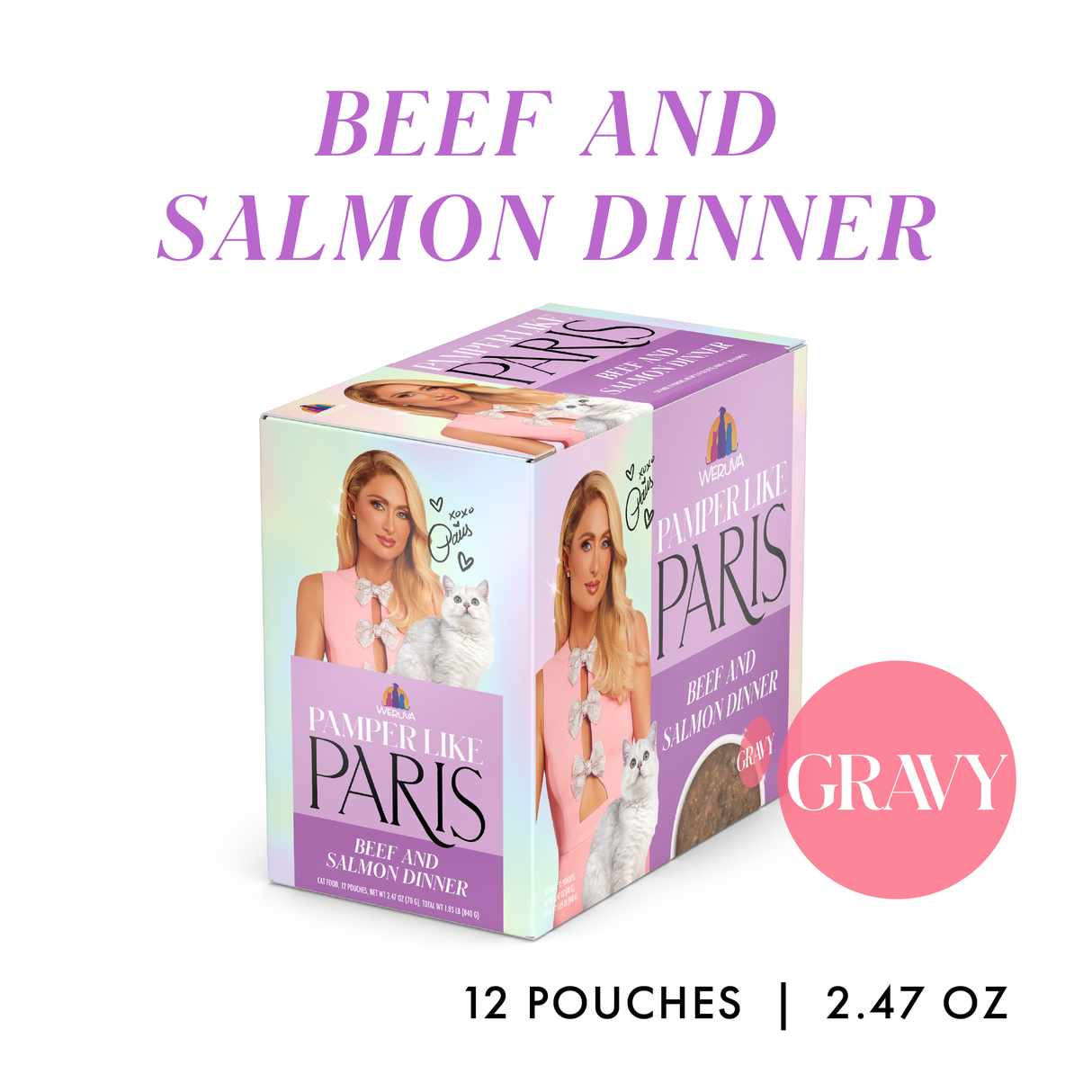 A box of Weruva Beef and Salmon Dinner in Gravy cat food, 12 pouches (2.47 oz each), featuring a woman in pink with a white cat, product details, and a "GRAVY" label.