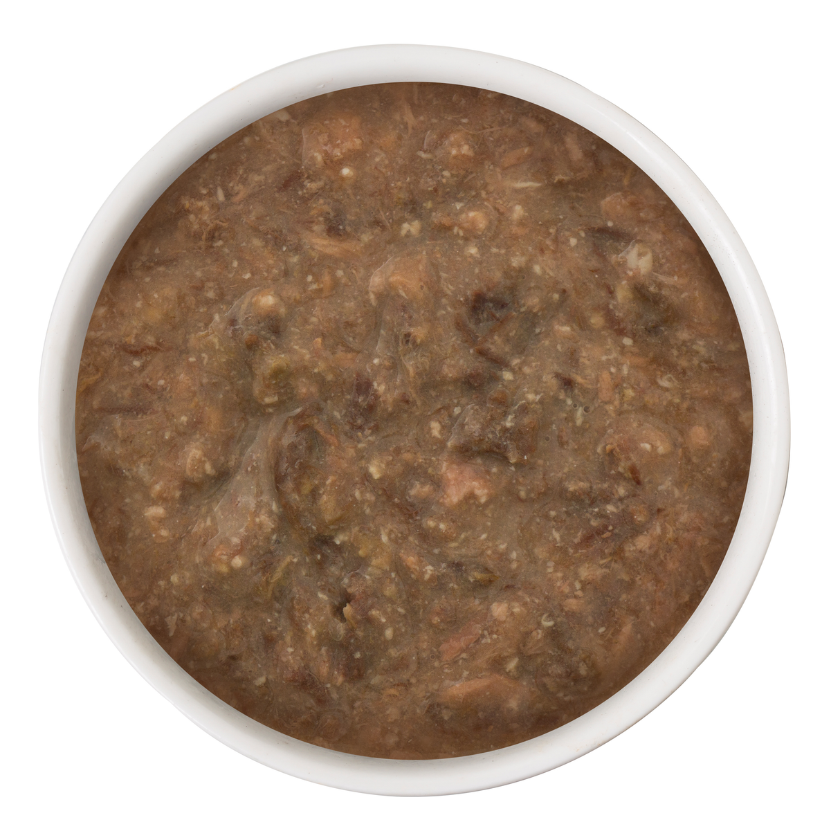 A top-down view of a white bowl filled with Weruva Beef and Salmon Dinner in Gravy, showing its thick, smooth texture with small chunks—almost resembling gourmet cat food made with wholesome ingredients.