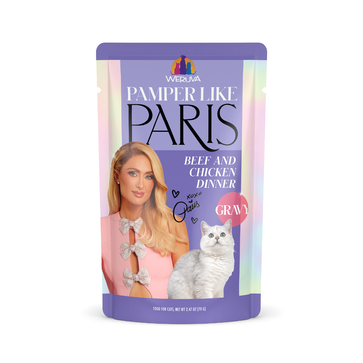 A pouch of Weruva Beef and Chicken Dinner in Gravy cat food, showing a woman with long blonde hair, a white cat, and a pastel background. Features the words GRAVY and a paw print signature.
