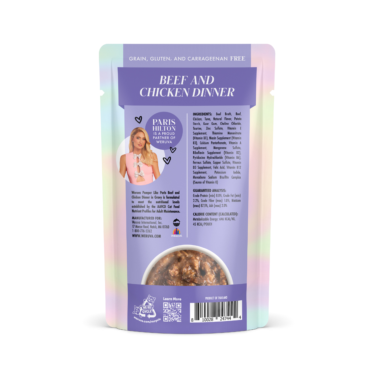 A purple and white Weruva Beef and Chicken Dinner in Gravy cat food package with a woman's picture on it.