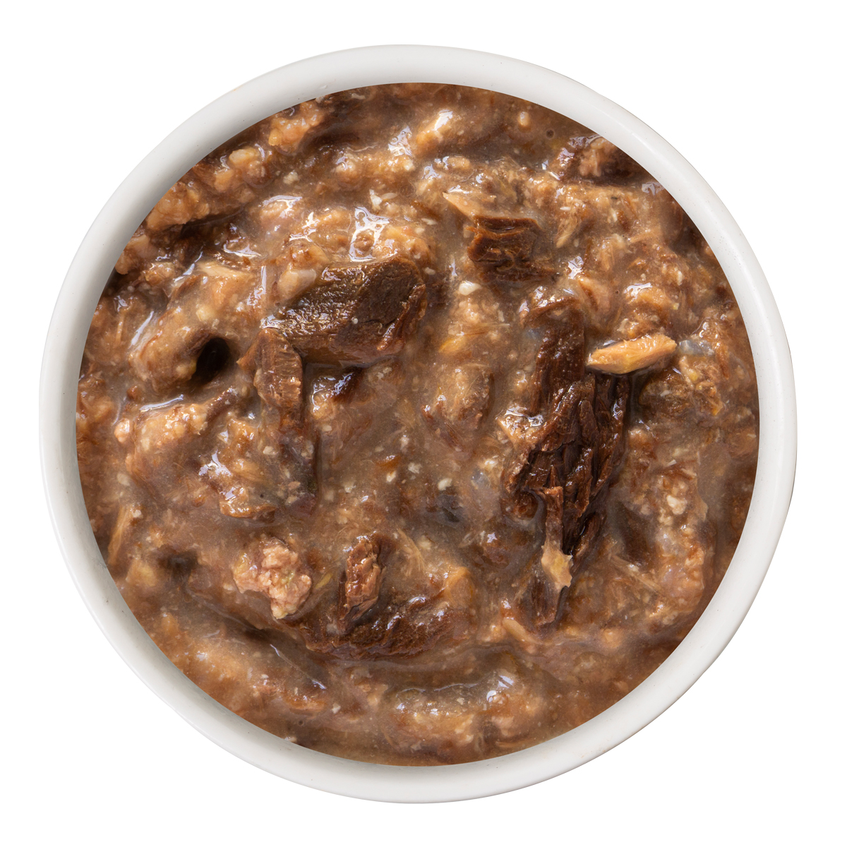 A bowl of Weruva Beef and Chicken Dinner in Gravy cat food with a savory brown sauce.