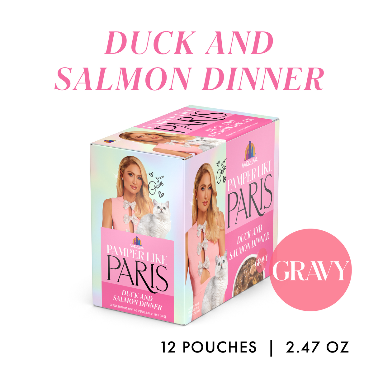 A box of Weruva Duck and Salmon Dinner in Gravy cat food features a woman in pink holding a white cat. Made with cage-free duck and wild-caught salmon, this pink and white box has 12 pouches, 2.47 oz each, for pampered cats.