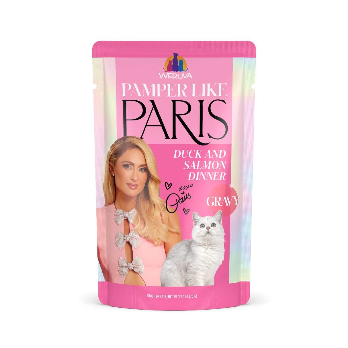 Weruva Duck and Salmon Dinner in Gravy cat food pouch—pink design with a woman, gray cat, bows, and hearts—made with cage-free duck for pampered cats.