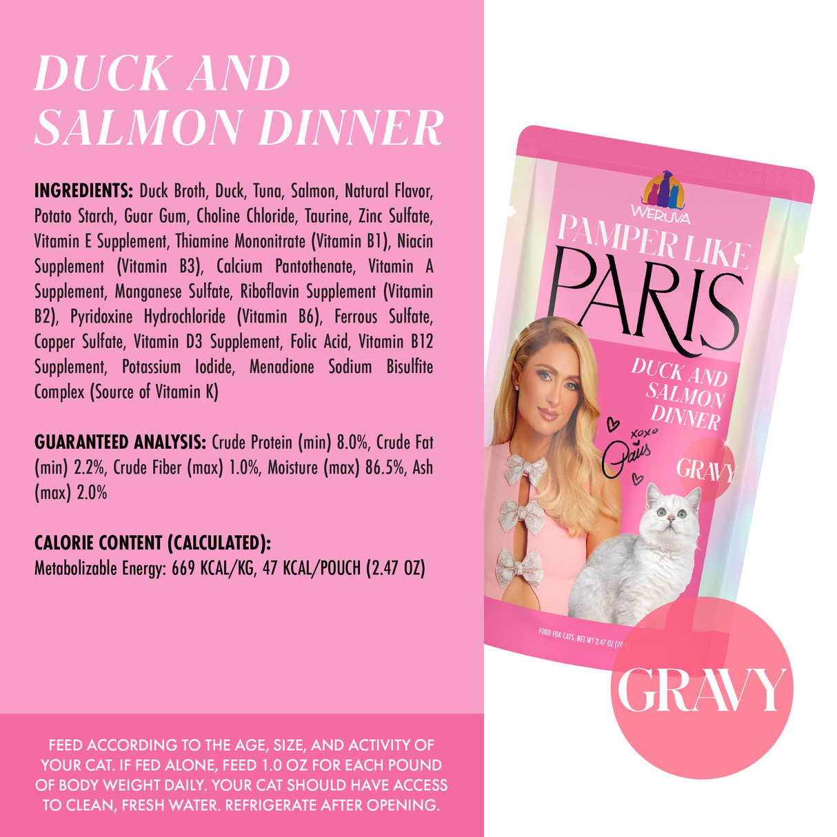 A can label for Weruva Duck and Salmon Dinner in Gravy cat food highlights cage-free duck, wild-caught salmon, ingredients, nutrition, feeding directions, and features a woman with a cat amid pink pastel design elements.