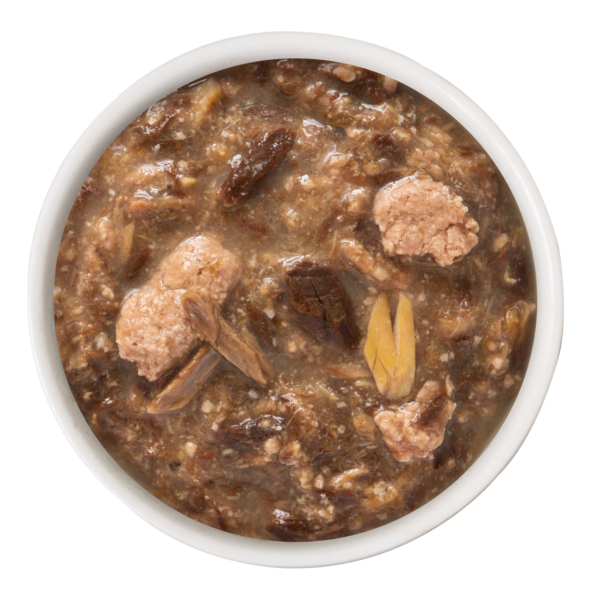 A bowl of Weruva Duck and Salmon Dinner in Gravy, featuring chunky cage-free duck pieces in brown gravy, is shown from above on a white background—an ideal meal for pampered cats.