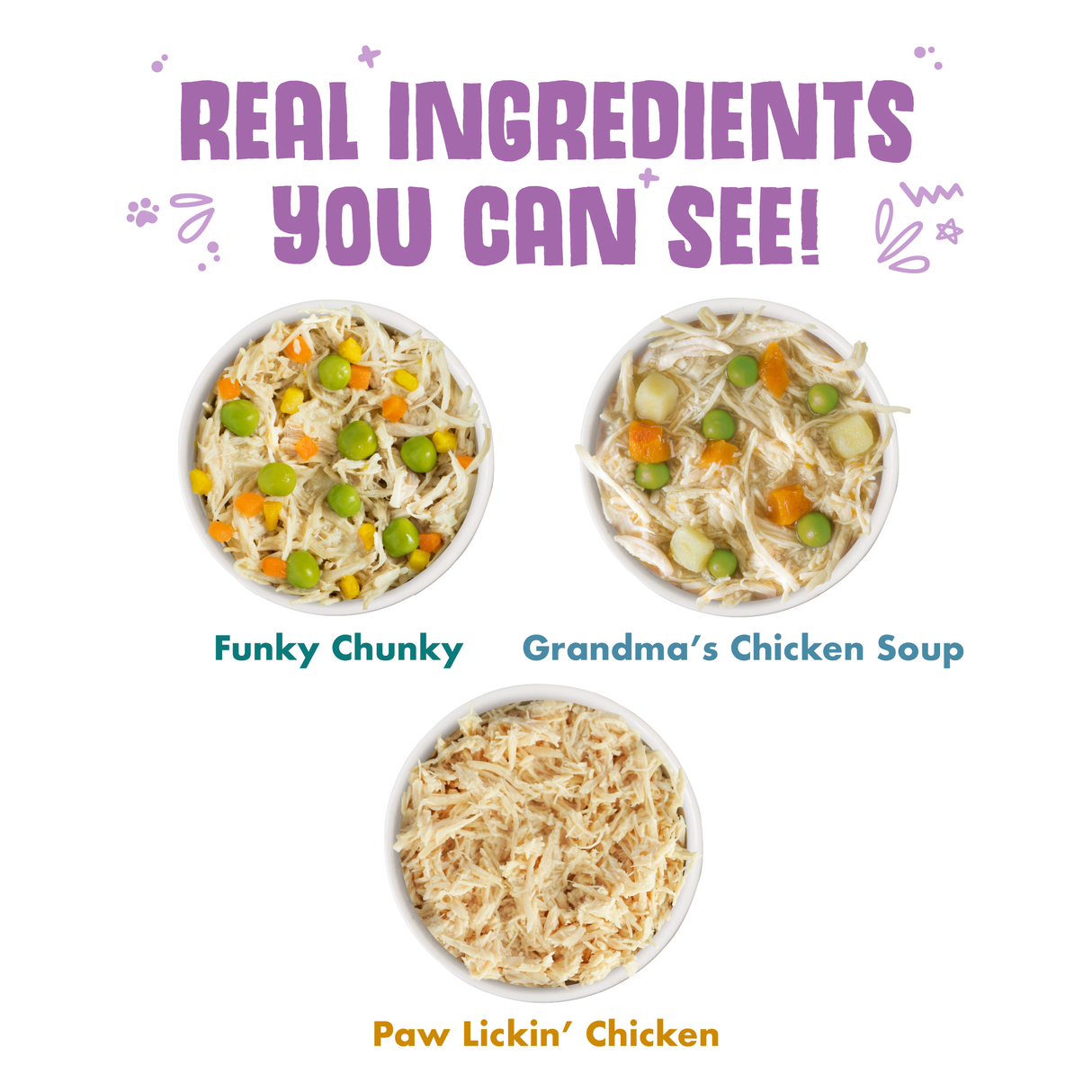 Three bowls of Weruva Cluck Crew high-protein chicken dog food sit under the text "Real Ingredients You Can See!" with colorful decorative accents.