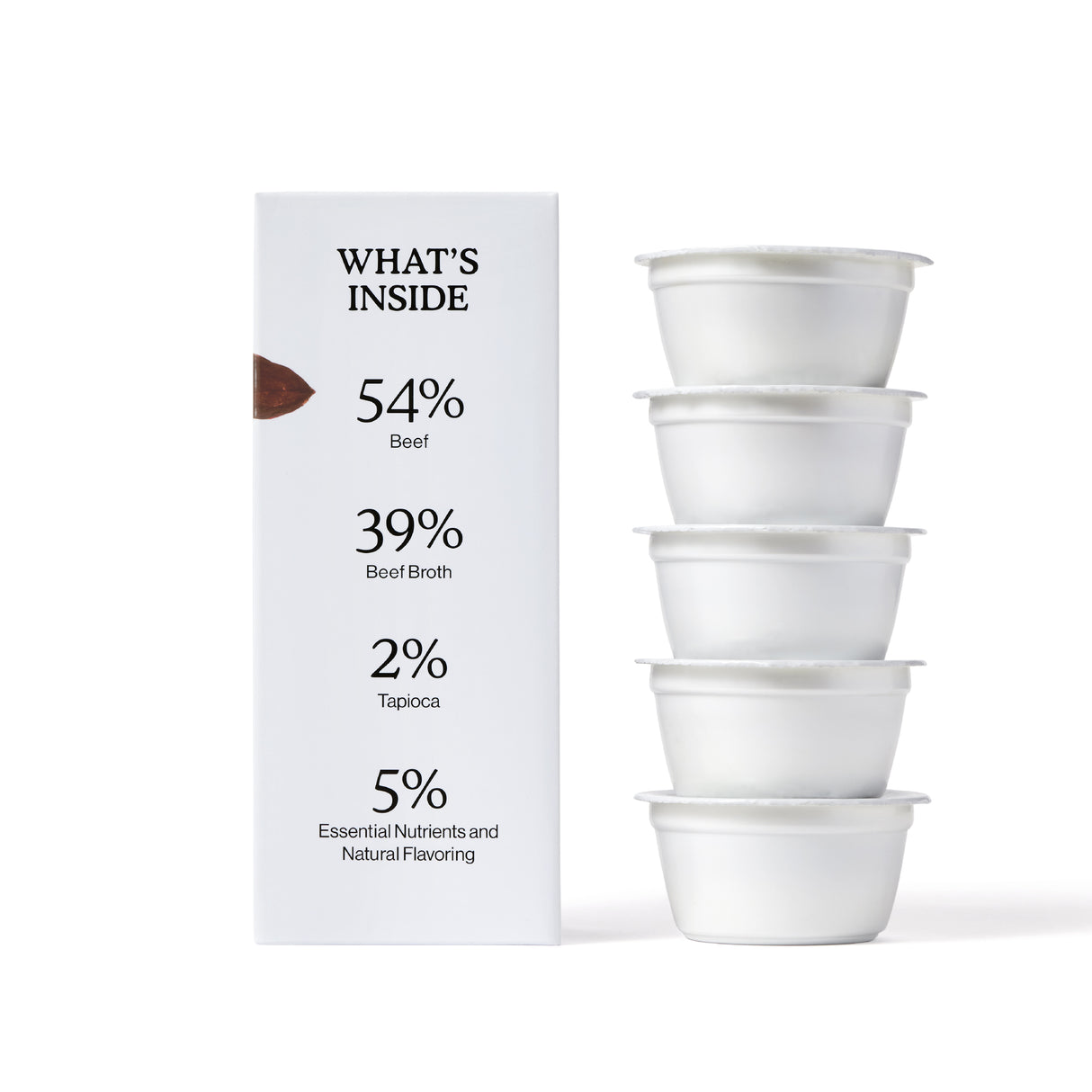 A box of Cat Person Beef Shreds in Broth lists 54% high-quality beef, 39% broth, 2% tapioca, and 5% nutrients and flavoring—balanced nutrition in every bite. Next to it are five white plastic food containers stacked neatly.
