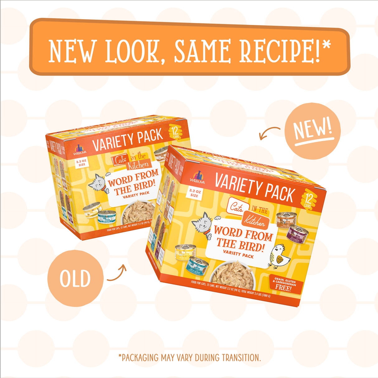 A box of Cats in the Kitchen Word From The Bird! high protein cat food on a white background.