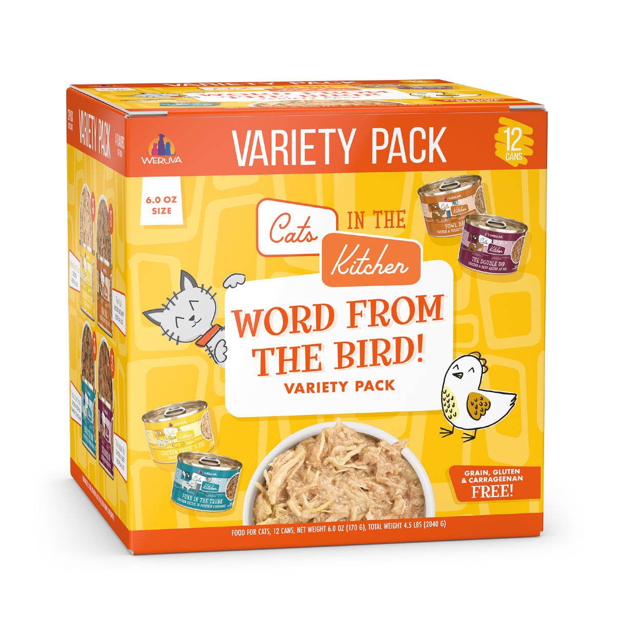 A 12-can box of Cats in the Kitchen Word From The Bird! high-protein, grain-free cat food features playful cat and bird art on the orange packaging plus images of the included canned varieties.