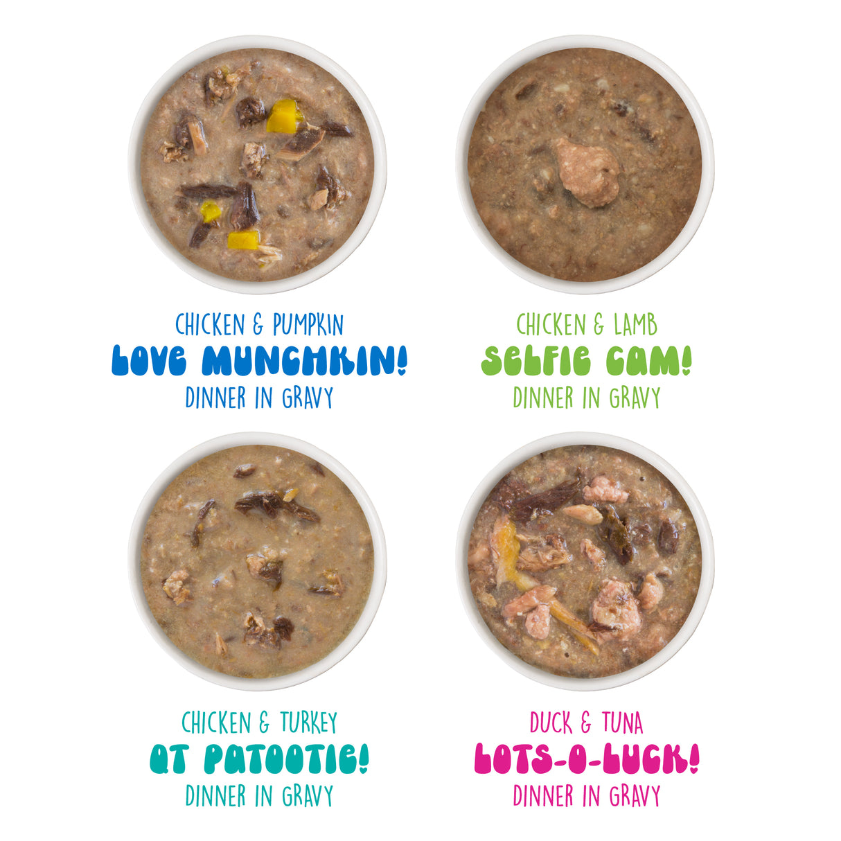 The BFF Best Feline Friend It's Gravy, Baby! variety pack features four minced premium protein dinners—chicken & pumpkin, chicken & lamb, chicken & turkey, and duck & tuna—each with playful text descriptions below.