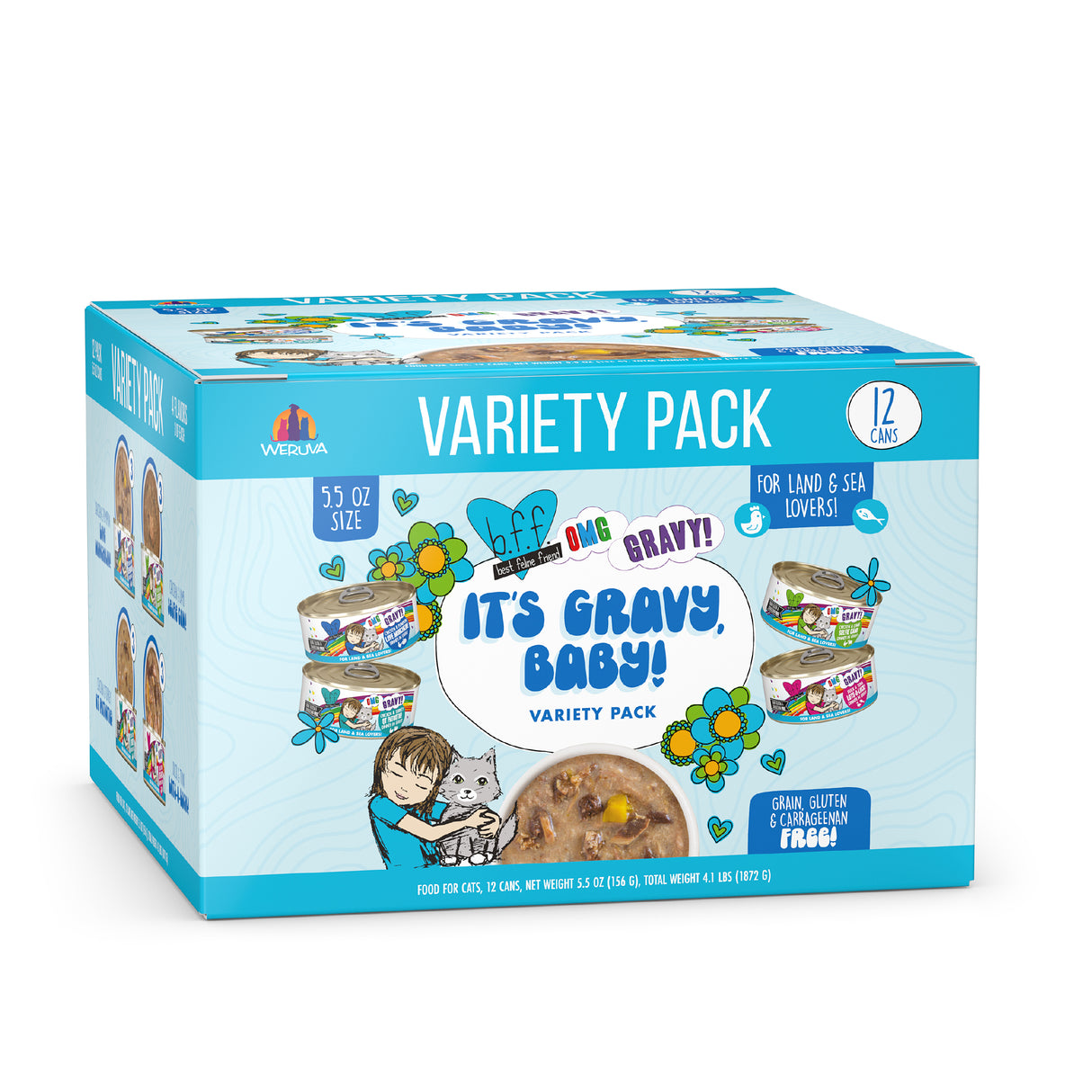 A blue and white box labeled "It's Gravy, Baby!" by BFF Best Feline Friend features images of gravy cat food cans, a cartoon pet family, and highlights minced premium proteins with a grain-, gluten-, and carrageenan-free recipe.