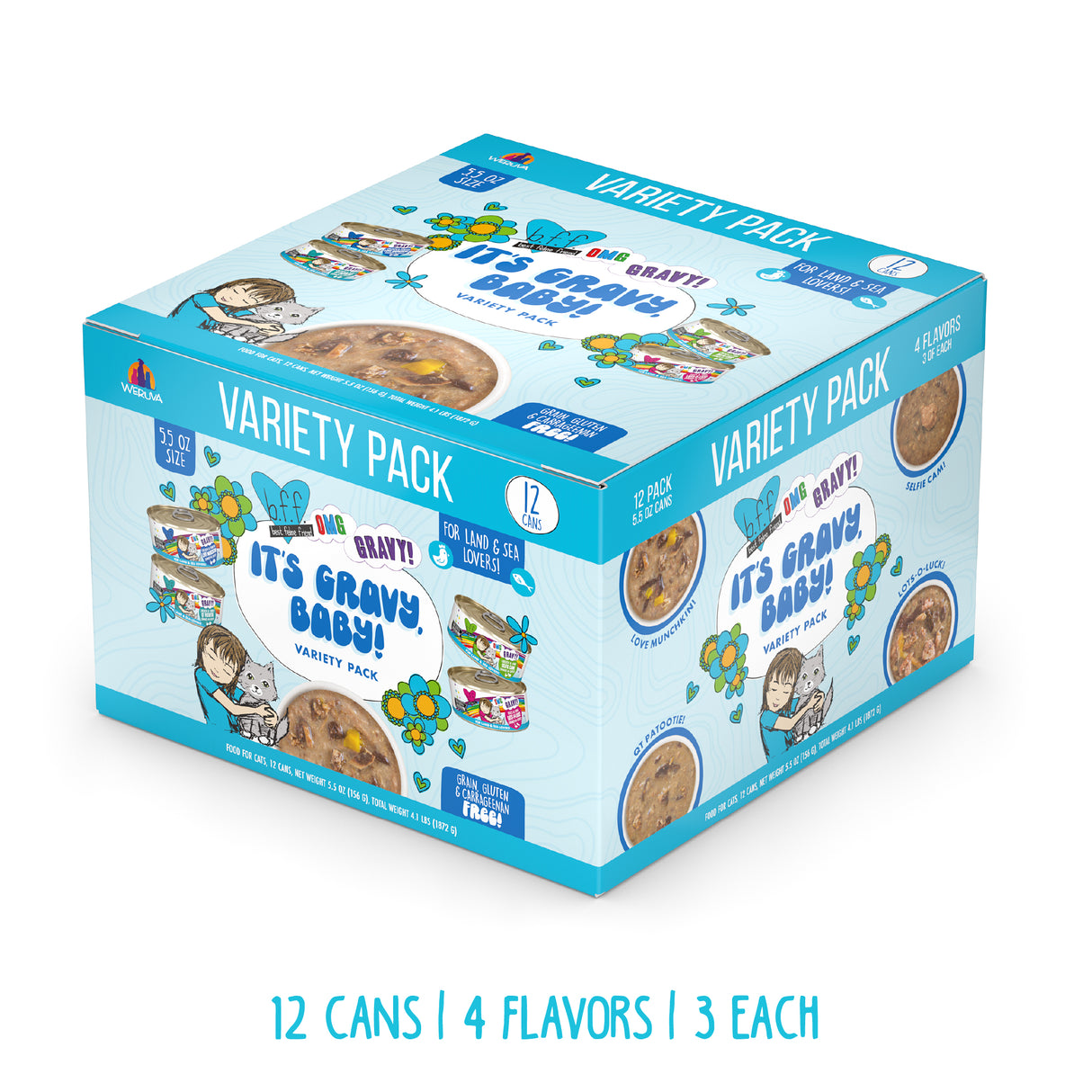 A blue and white 12-can box of BFF Best Feline Friend It's Gravy, Baby! Variety Pack cat food, featuring 4 flavors with minced premium proteins in savory gravy and illustrated with a cat and food bowls.