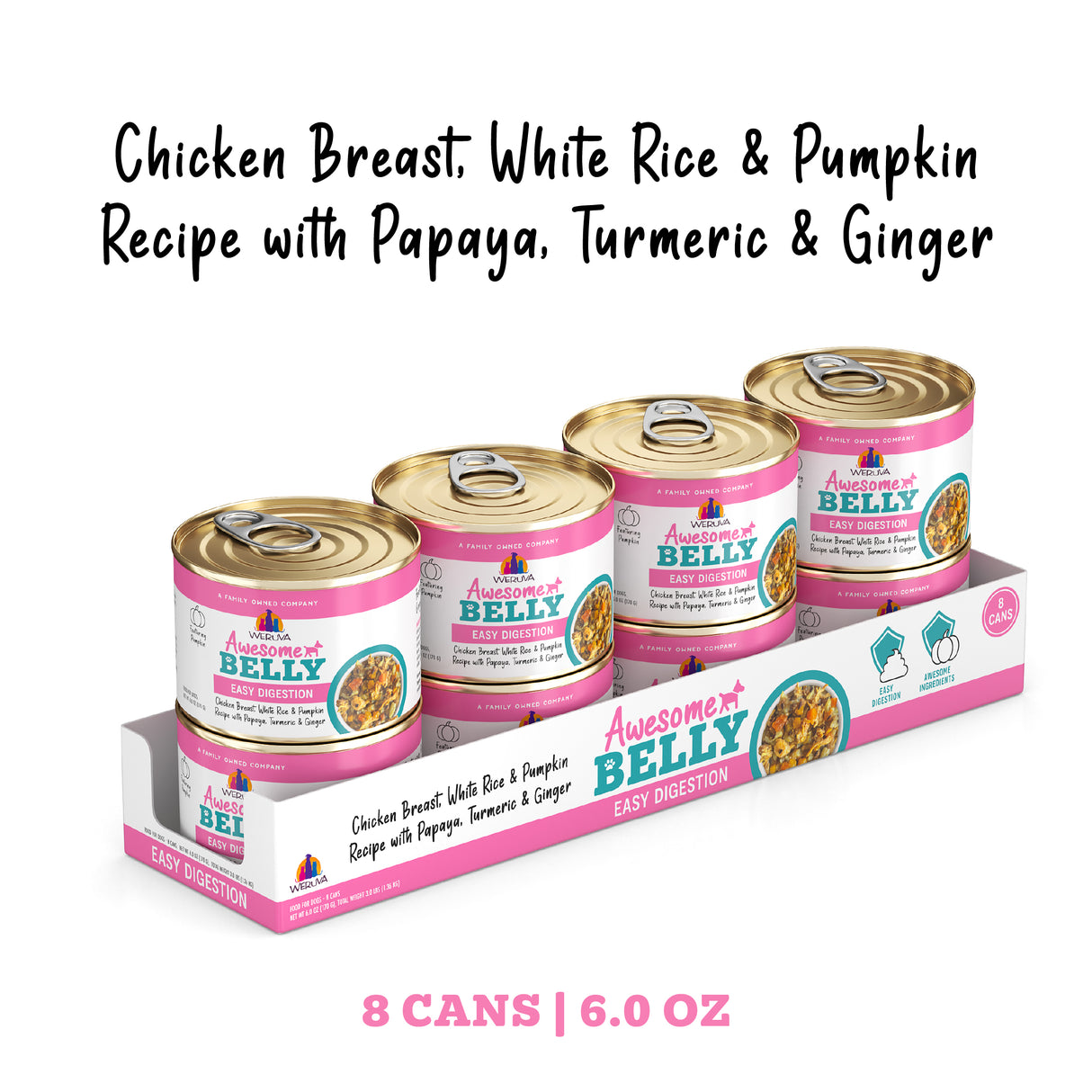 Eight cans of Awesome Functions Awesome Belly Chicken Breast, White Rice & Pumpkin Recipe with Papaya, Turmeric & Ginger are shown in a tray. The packaging promotes its gentle recipe for dogs with sensitive stomachs.