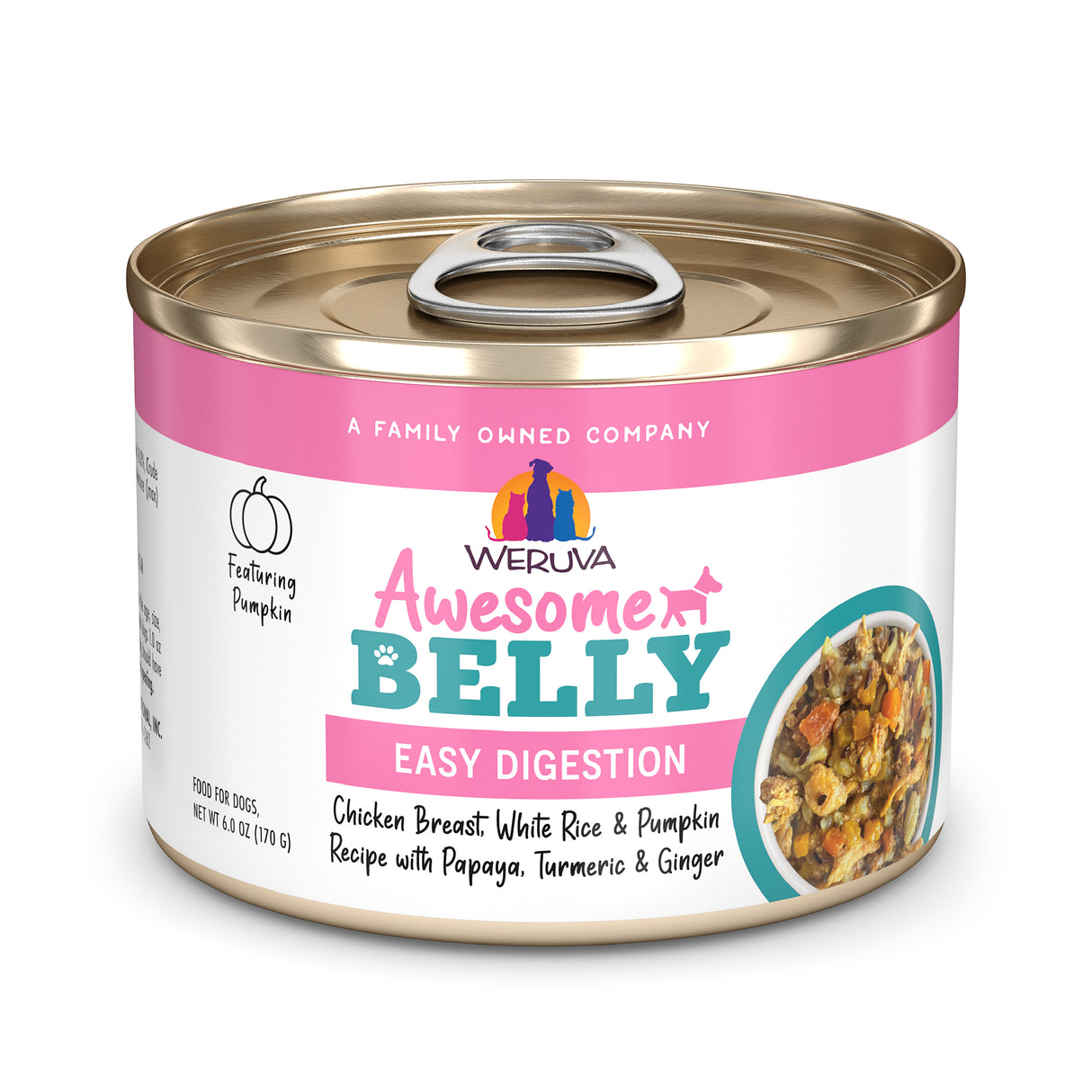 A can of Awesome Functions Awesome Belly Chicken Breast, White Rice & Pumpkin Recipe with Papaya, Turmeric & Ginger cat food in a pink and white label—ideal for gentle digestion, with ingredients pictured on the right.