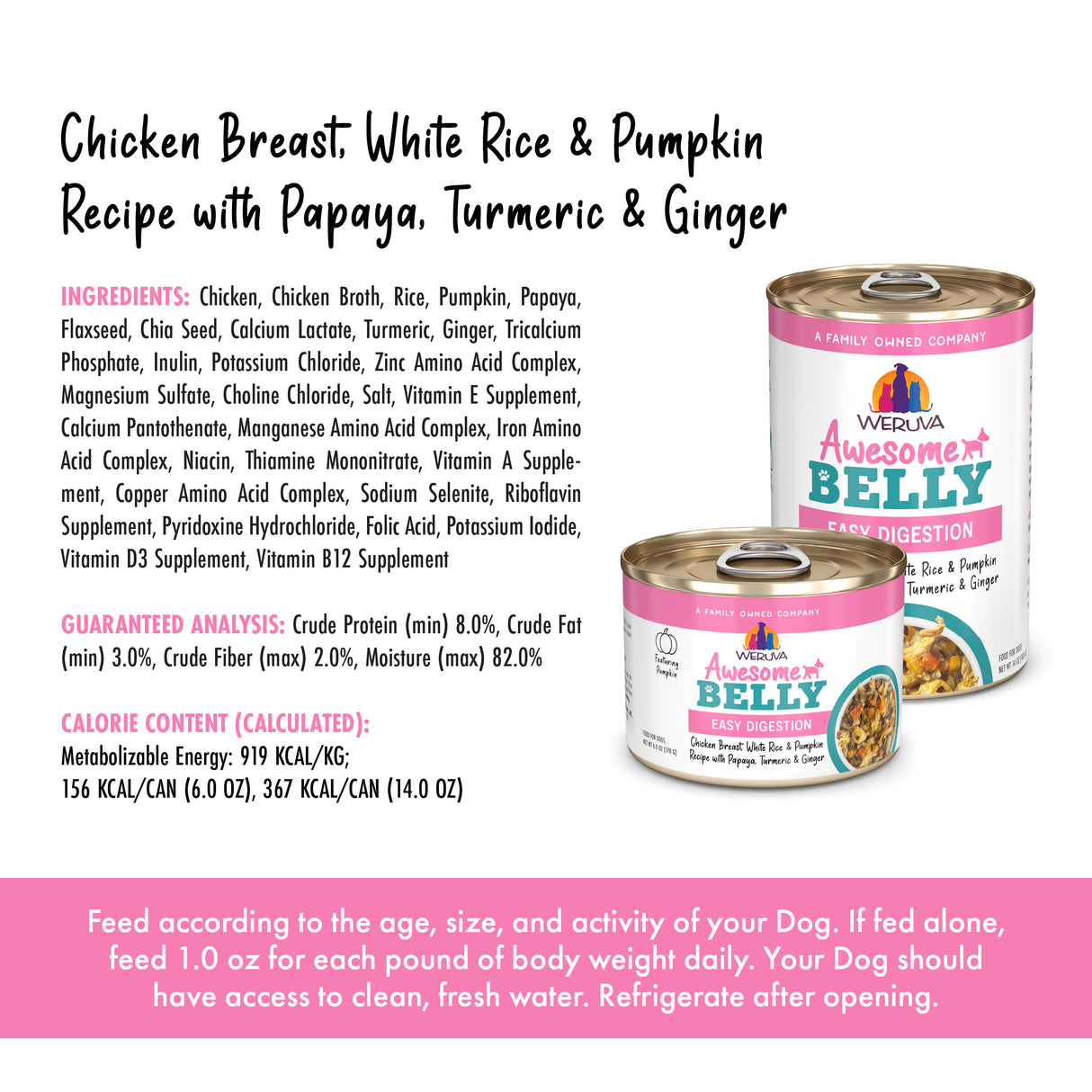 Two cans of Awesome Functions Awesome Belly Chicken Breast, White Rice & Pumpkin Recipe with Papaya, Turmeric & Ginger dog food are shown, featuring ingredients for gentle digestion plus nutritional info and feeding instructions.
