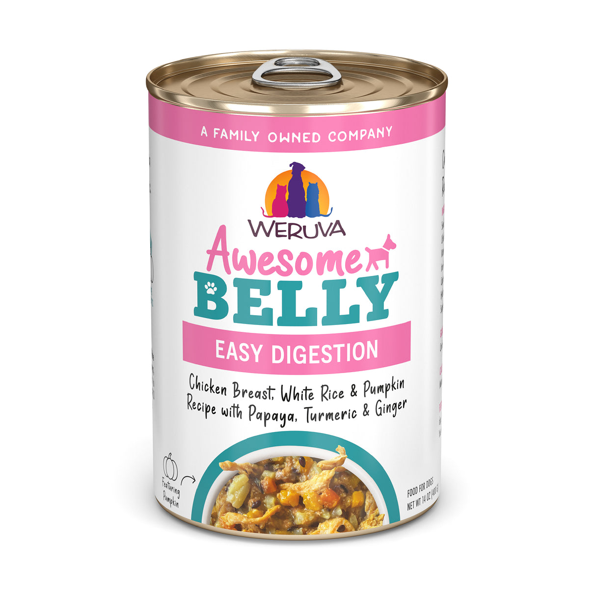 A can of Awesome Functions Awesome Belly Chicken Breast, White Rice & Pumpkin Recipe with Papaya, Turmeric & Ginger dog food for gentle digestion. The white label with pink and teal accents shows the food inside at the bottom.