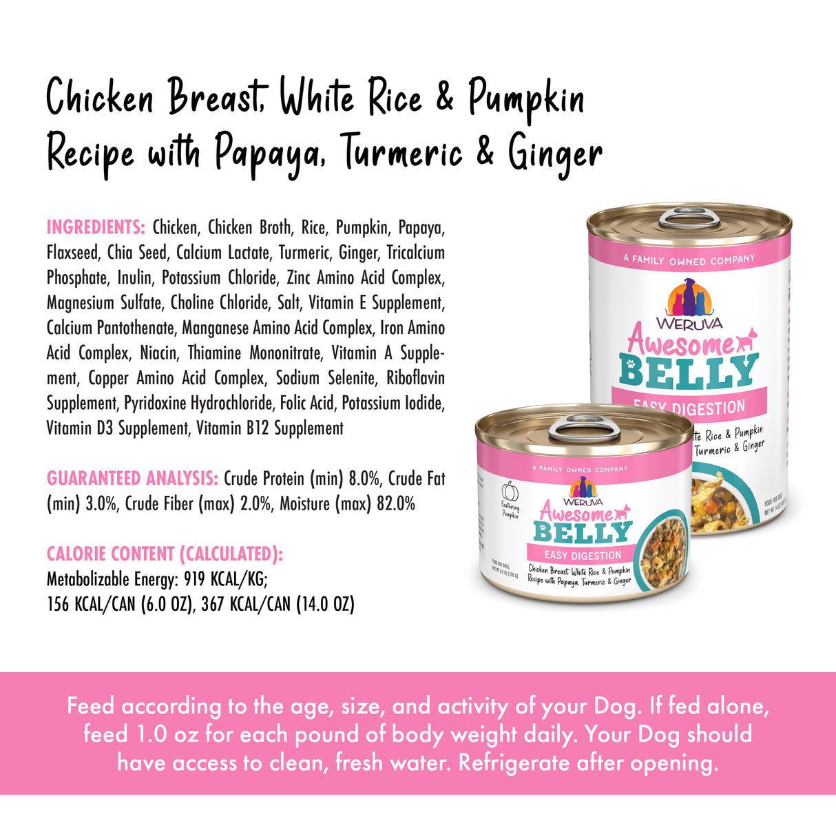 Two cans of Awesome Functions Awesome Belly Chicken Breast, White Rice & Pumpkin Recipe with Papaya, Turmeric & Ginger dog food sit side by side. Ingredients and nutrition info are above; pink feeding guidelines for gentle digestion are below.
