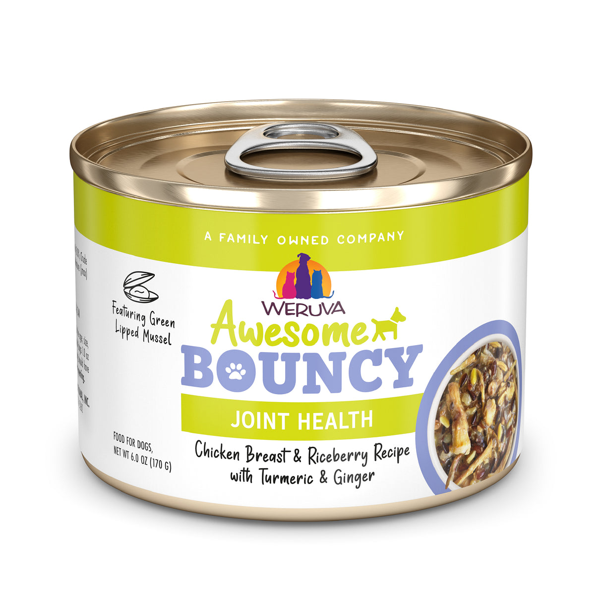 A can of Awesome Functions Awesome Bouncy Chicken Breast & Riceberry Recipe with Turmeric & Ginger contains superfoods for dogs, including turmeric and ginger, to support joint health. The label highlights joint health benefits.