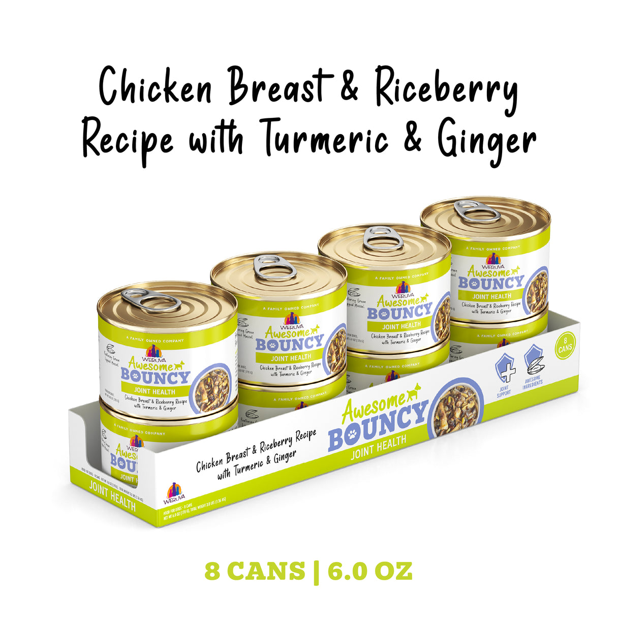 An 8-pack of Awesome Functions' Awesome Bouncy Chicken Breast & Riceberry Recipe with Turmeric & Ginger cat food (6.0 oz cans), featuring turmeric, ginger, and green-lipped mussel. "8 cans | 6.0 oz." appears in the bottom right on the package.